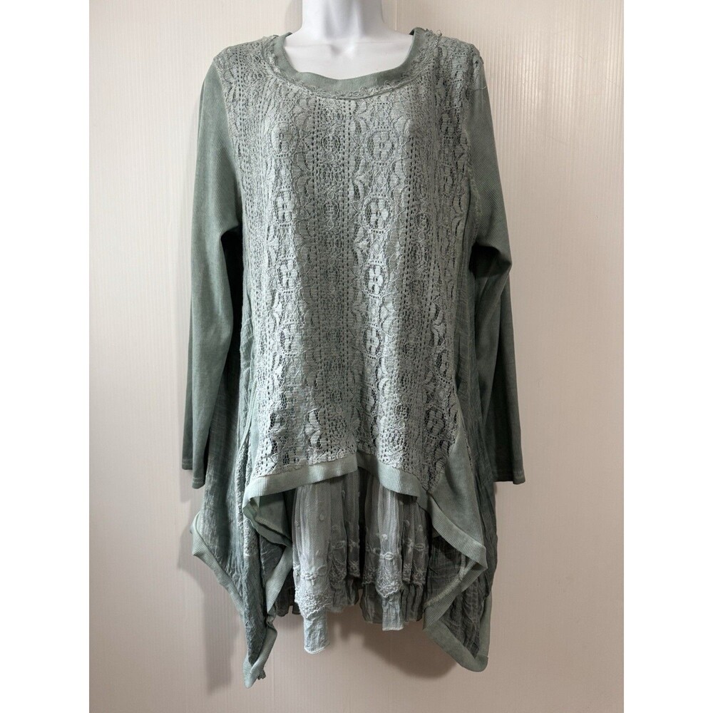 Pretty Angel L Boho Lace Tunic Dress Sage Green Long Sleeve Layered Asymmetrical